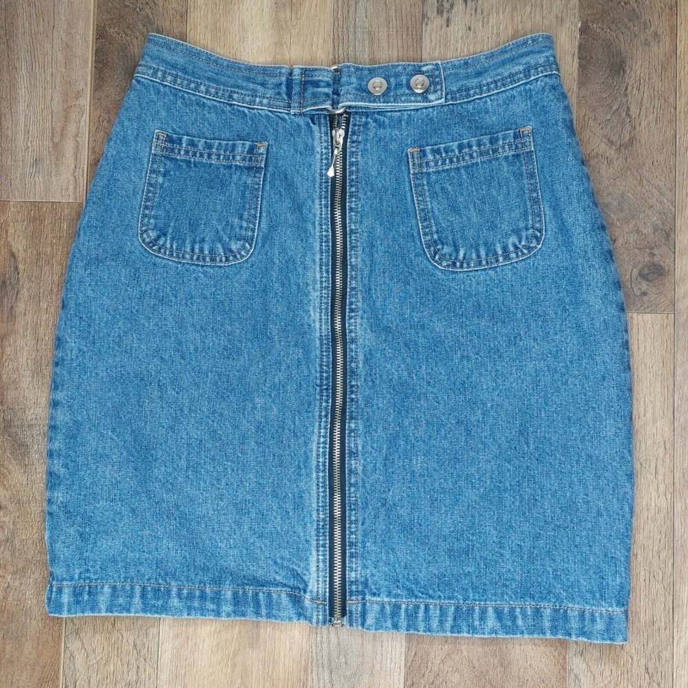 LA Blues Womens 8 Denim Skirt Front Zip Belt Snap Closure Front Pockets 17"